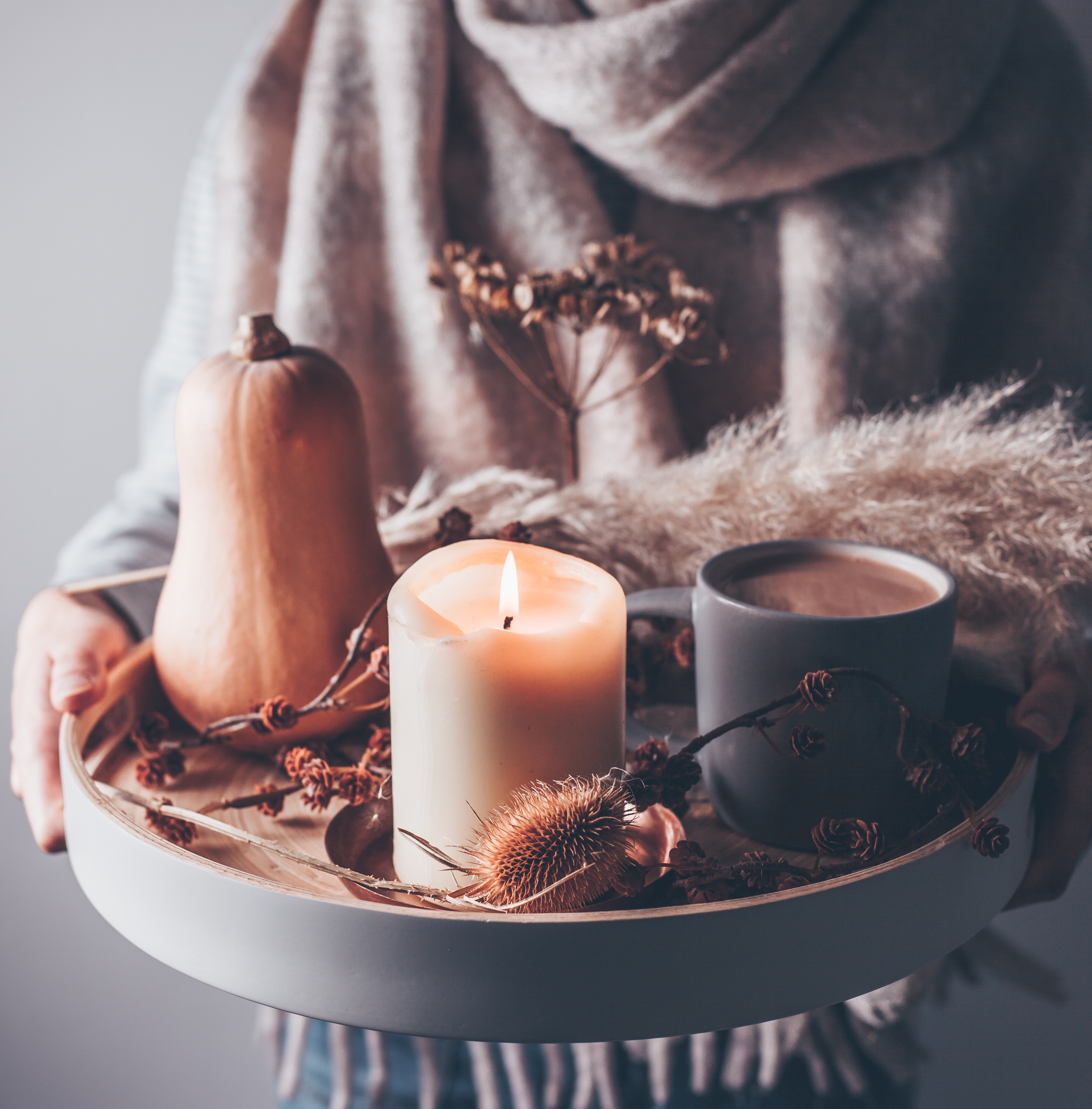 Fall Photos pumpkin candle and cocoa on tray