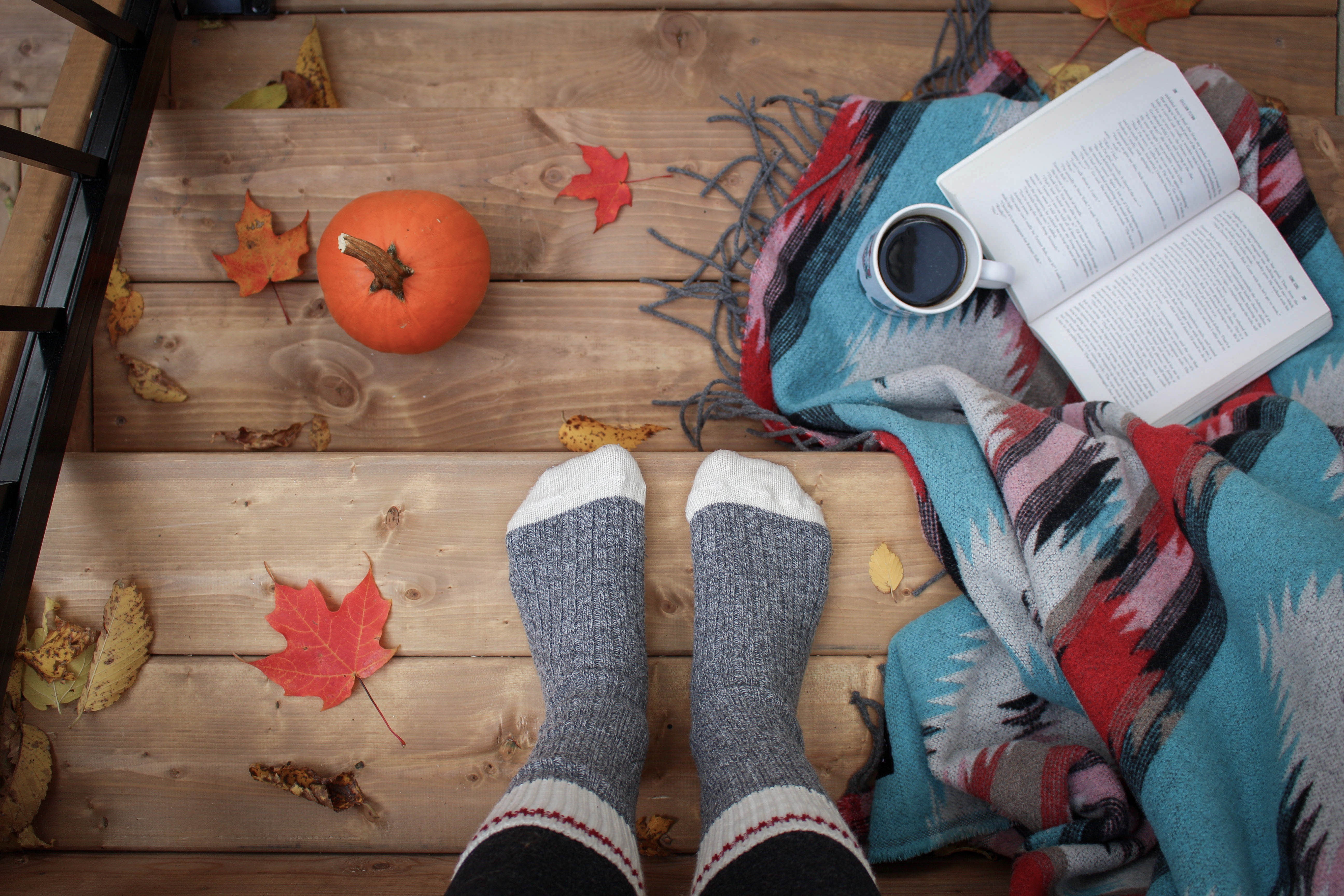 fall photos reading on steps covered in leaves