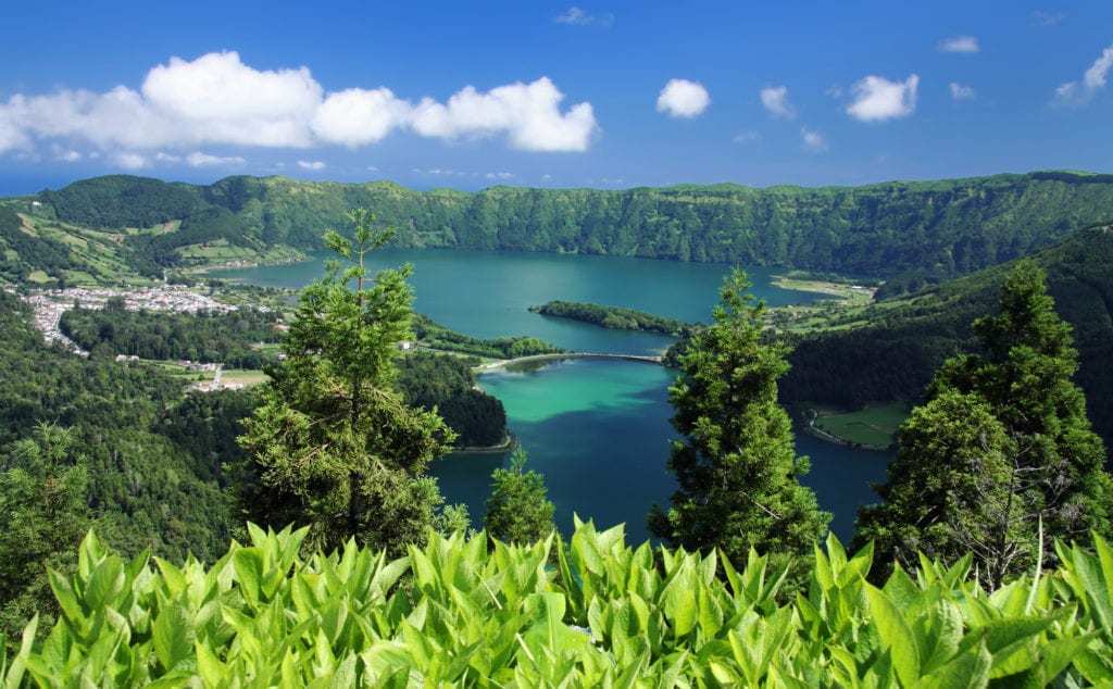 lakes and mountains in the beautiful islands of sao miguel