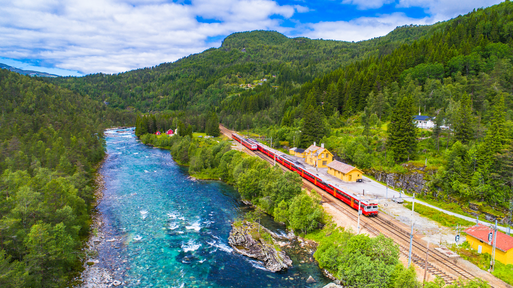 Train Oslo - Bergen in mountains. Norway.