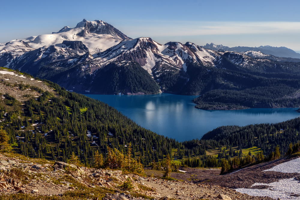 Above, overlooking the glacial lake and mountains on the background