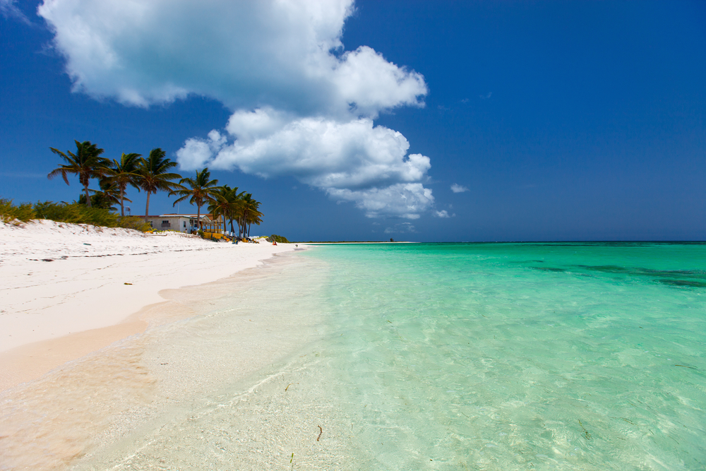 Beautiful tropical beach with palm trees, white sand, turquoise ocean water and blue sky at Anegada, British Virgin Islands in Caribbean