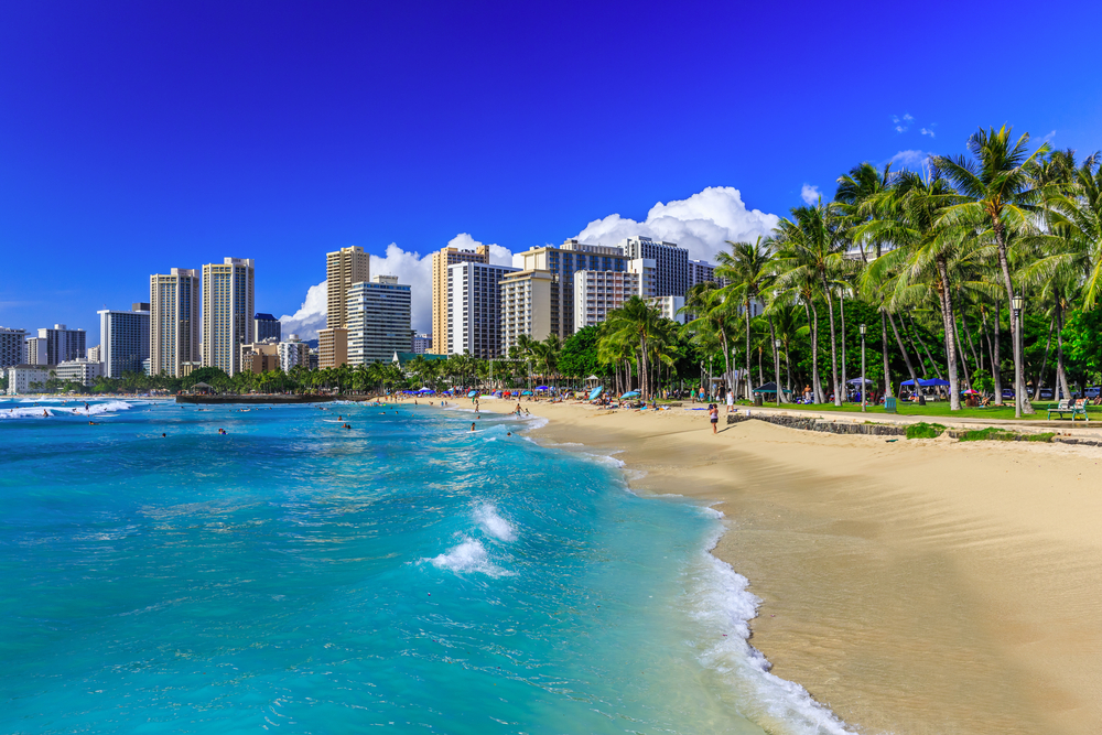 Honolulu, Hawaii. Waikiki beach and Honolulu's skyline