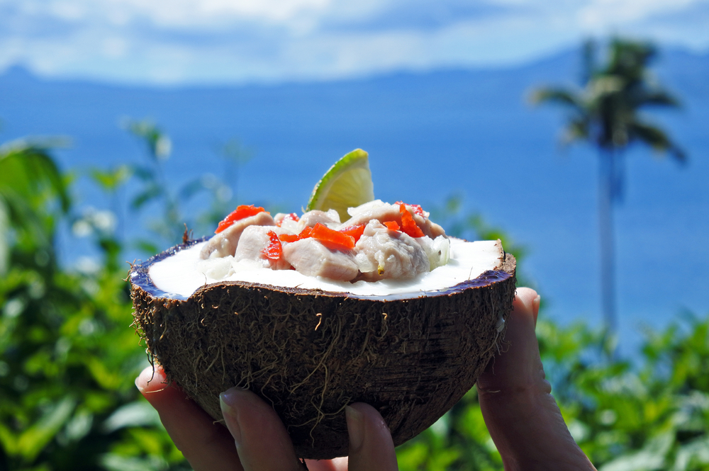 Fijian,Food,,Kokoda,(raw,Fish,Salad),Against,Tropical,Island,Landscape.