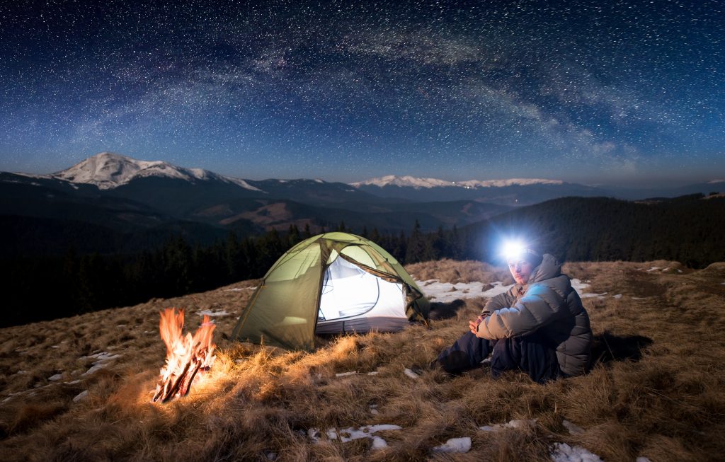 Man Camping with Headlight