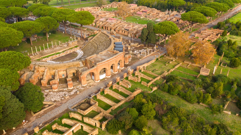 Aerial,View,On,The,Roman,Theatre,Of,Ostia,Antica,,A