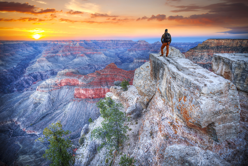 Man,In,The,Grand,Canyon,At,Sunrise.,Tourist,In,America